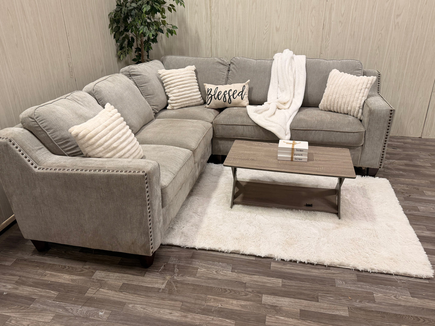 Gray Sectional w/ Nailhead Trim