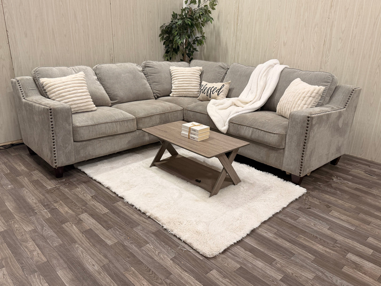 Gray Sectional w/ Nailhead Trim