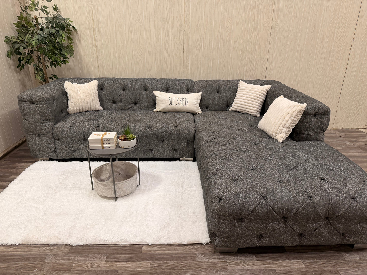 Large Gray Tufted Sectional Couch