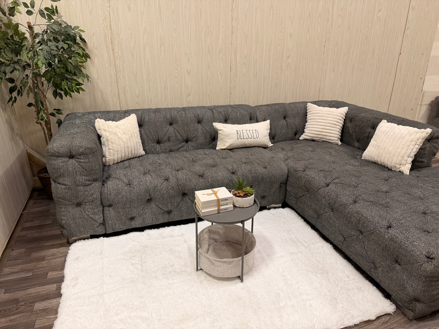 Large Gray Tufted Sectional Couch