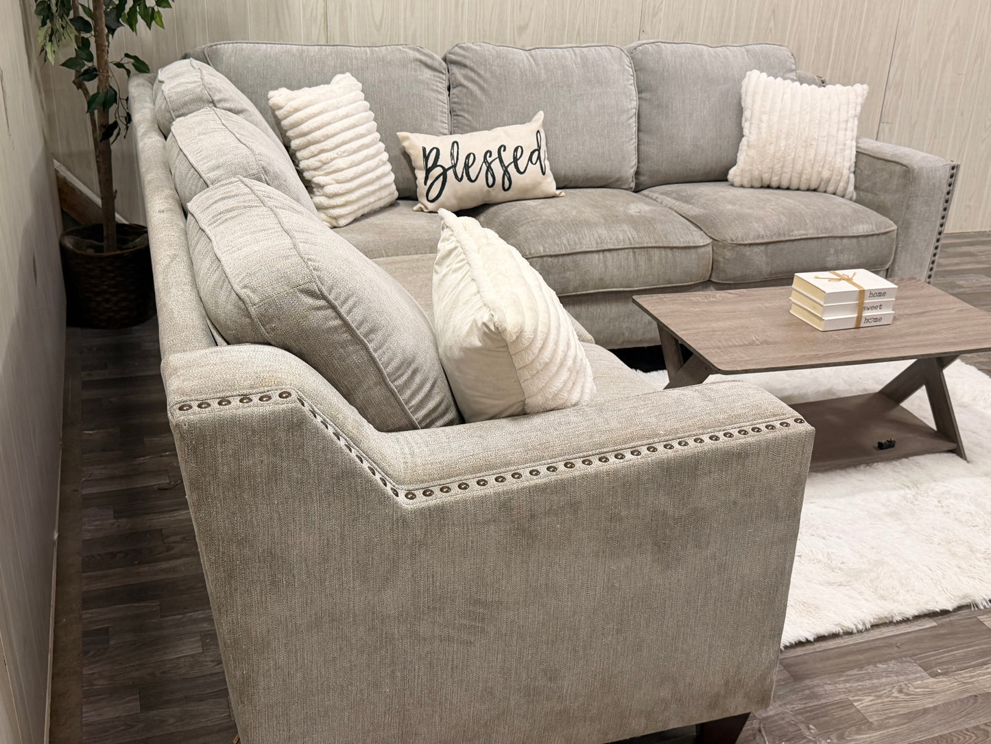 Gray Sectional w/ Nailhead Trim