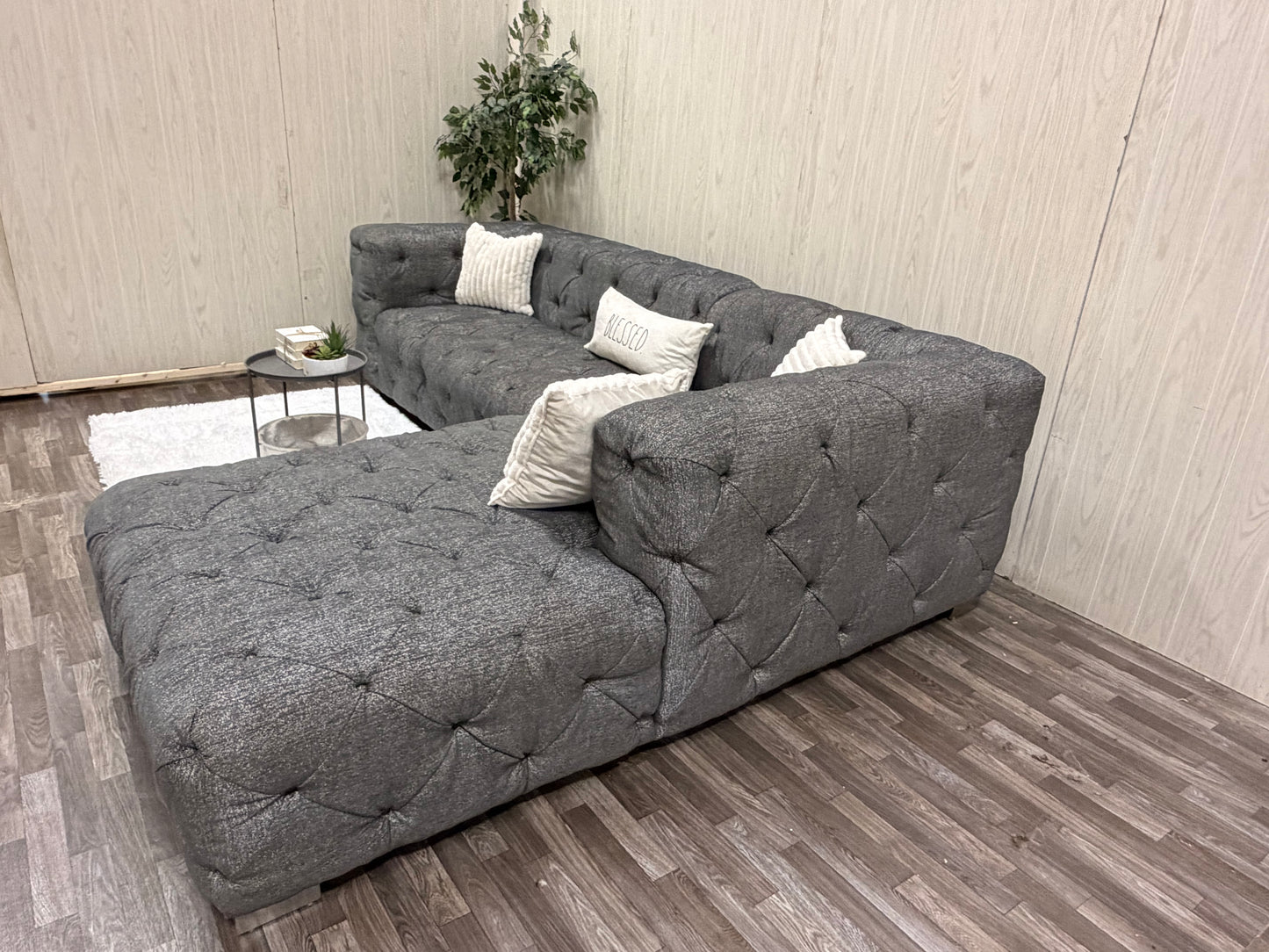 Large Gray Tufted Sectional Couch