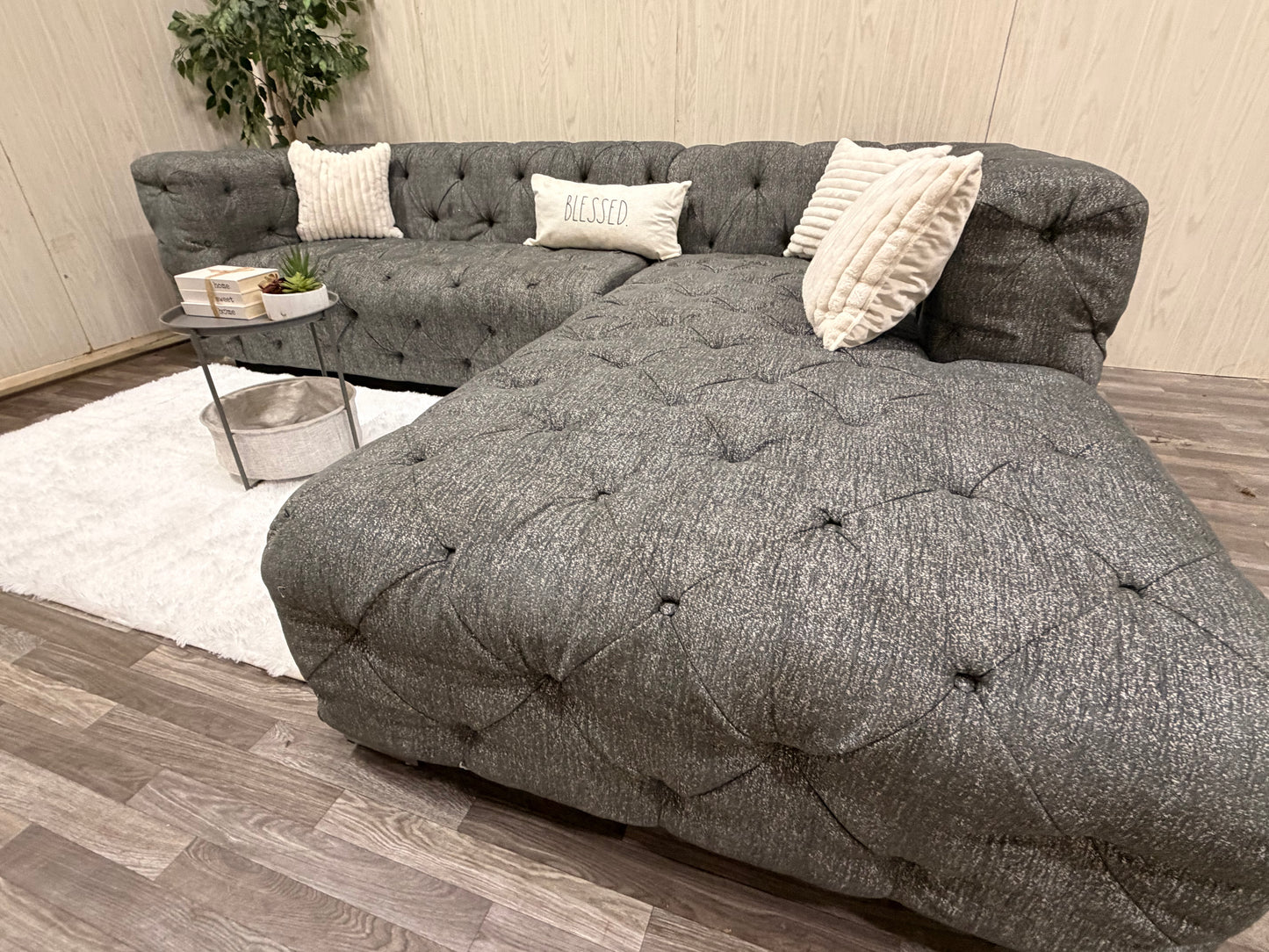 Large Gray Tufted Sectional Couch