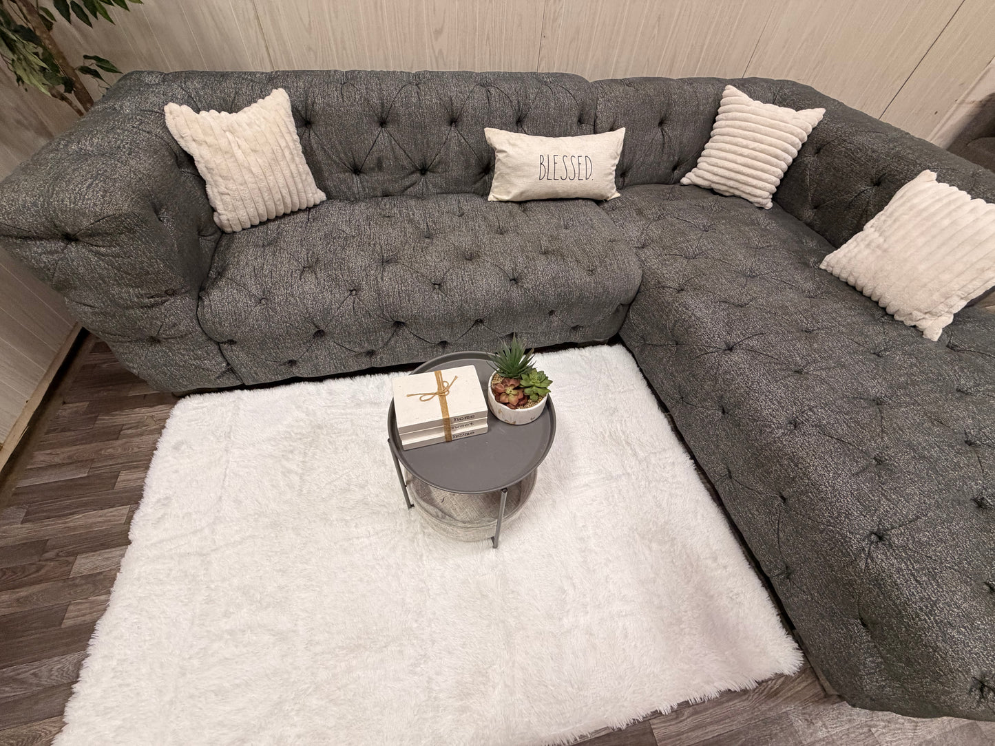Large Gray Tufted Sectional Couch