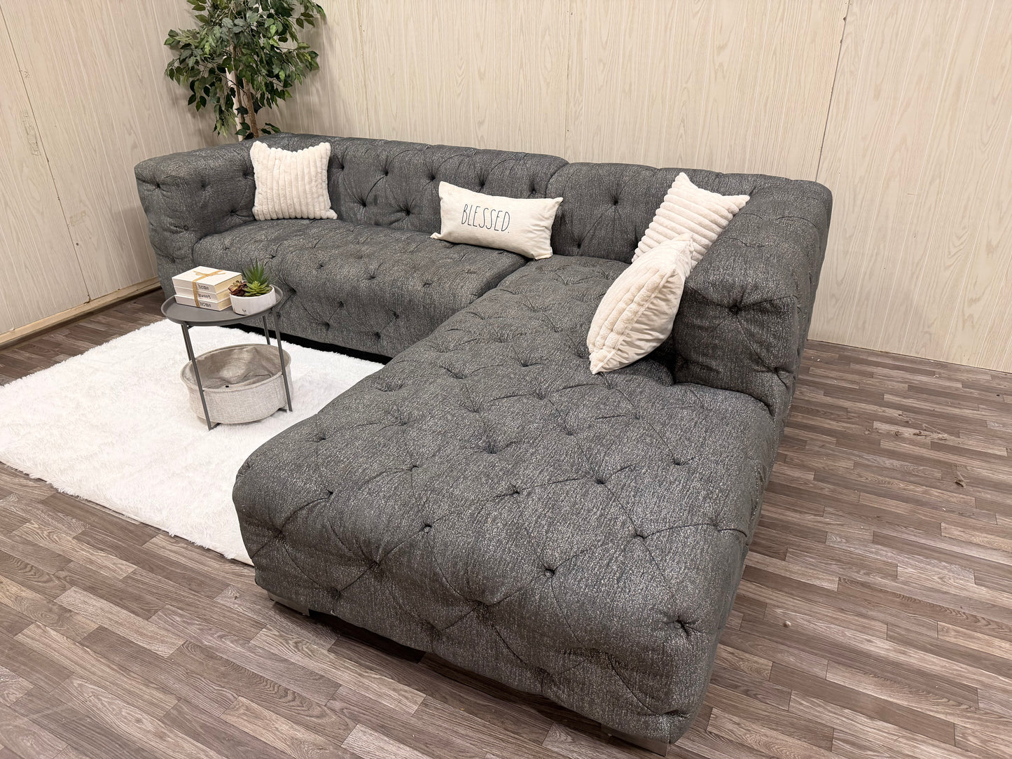 Large Gray Tufted Sectional Couch