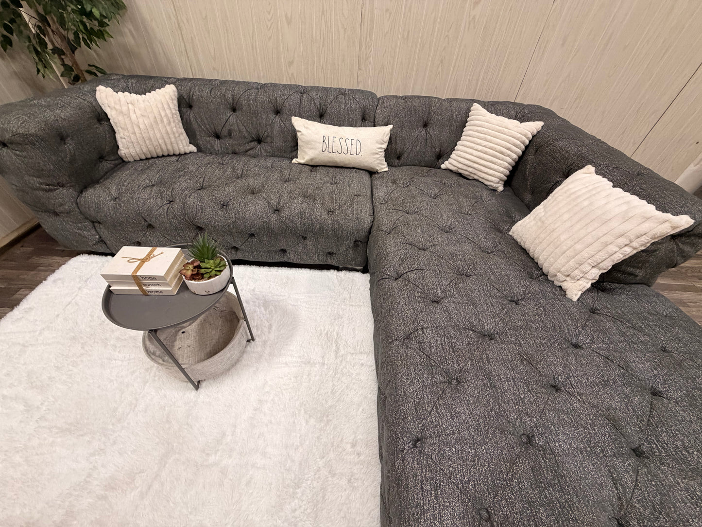Large Gray Tufted Sectional Couch