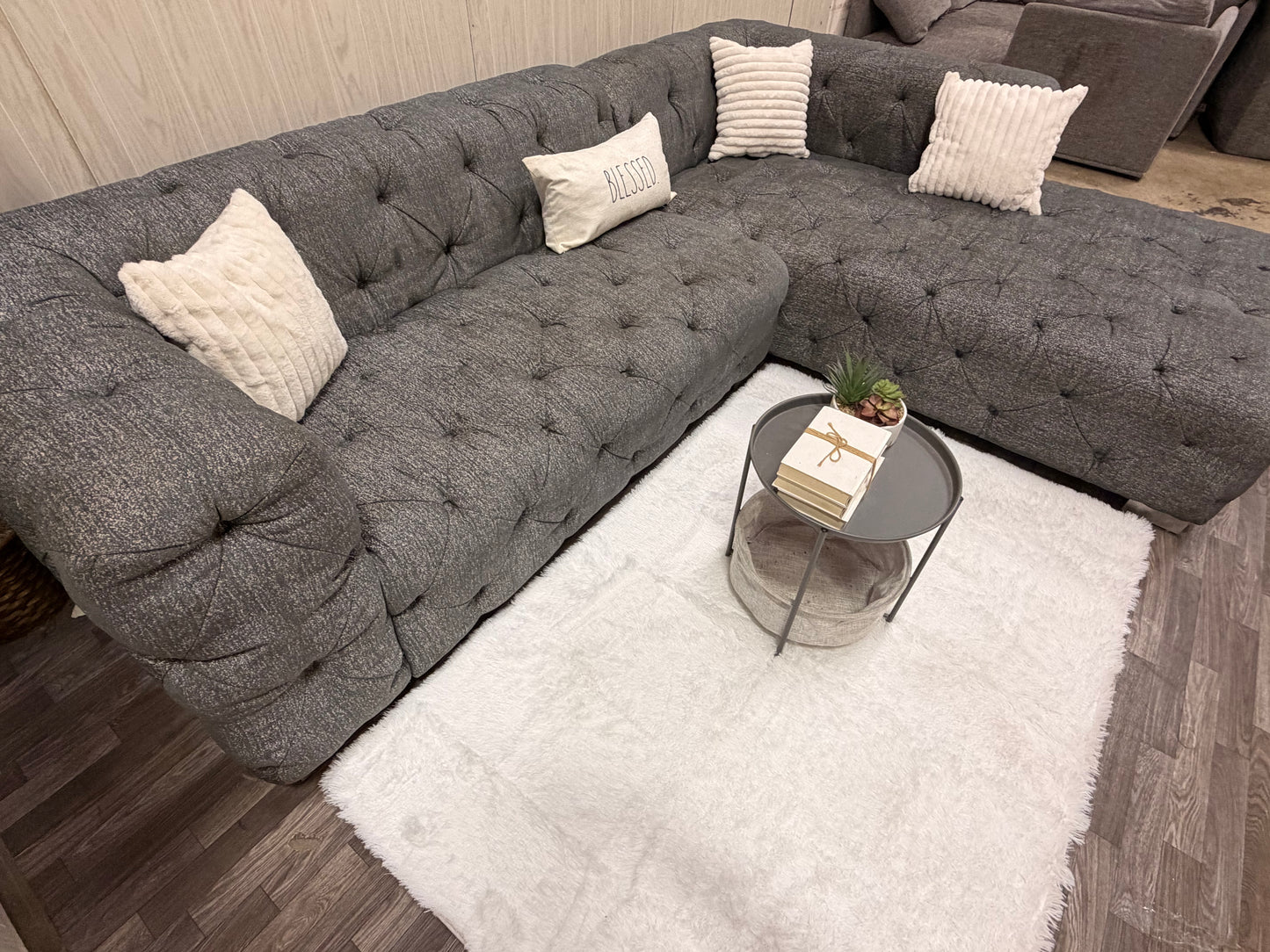 Large Gray Tufted Sectional Couch