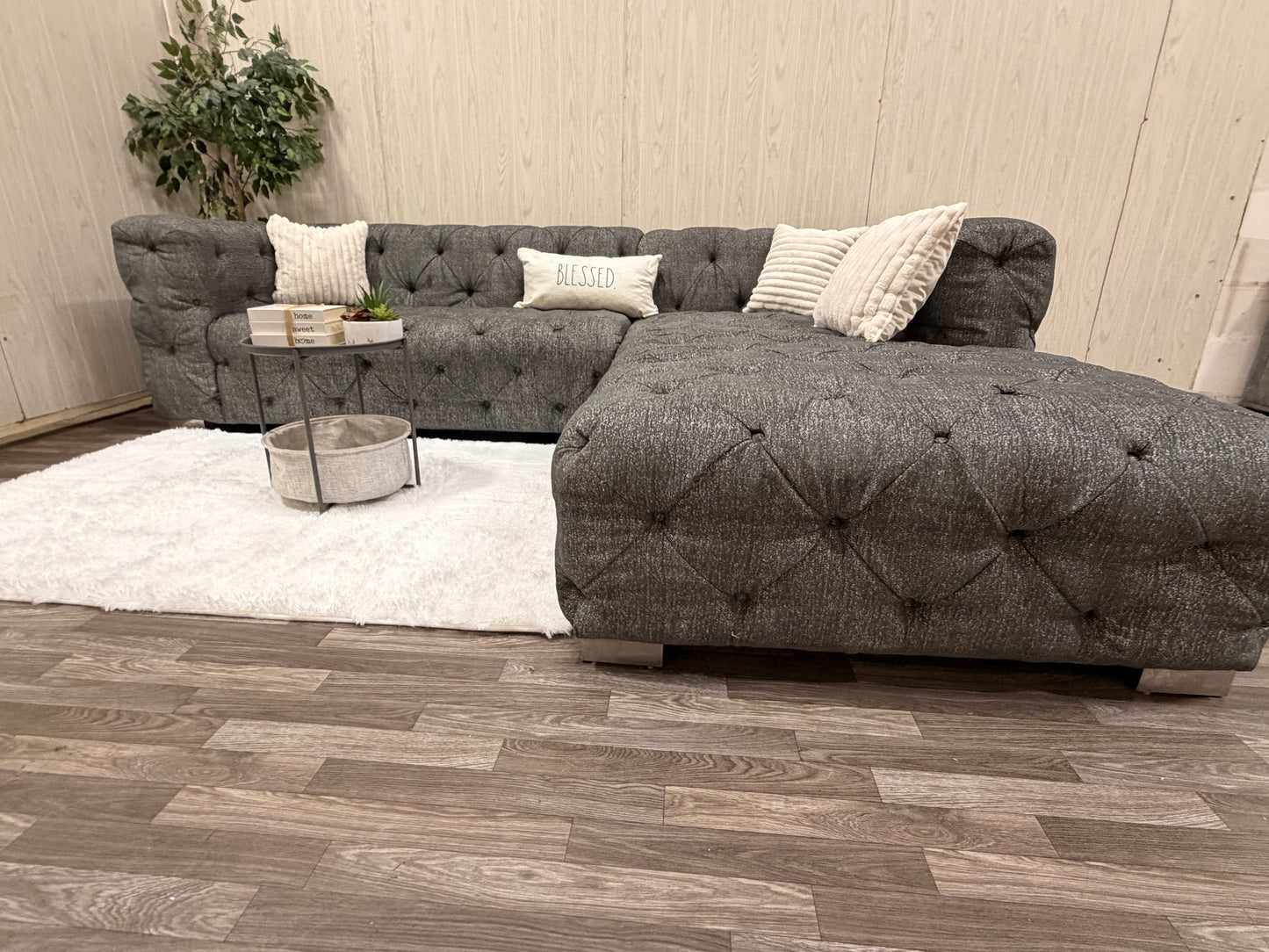 Large Gray Tufted Sectional Couch